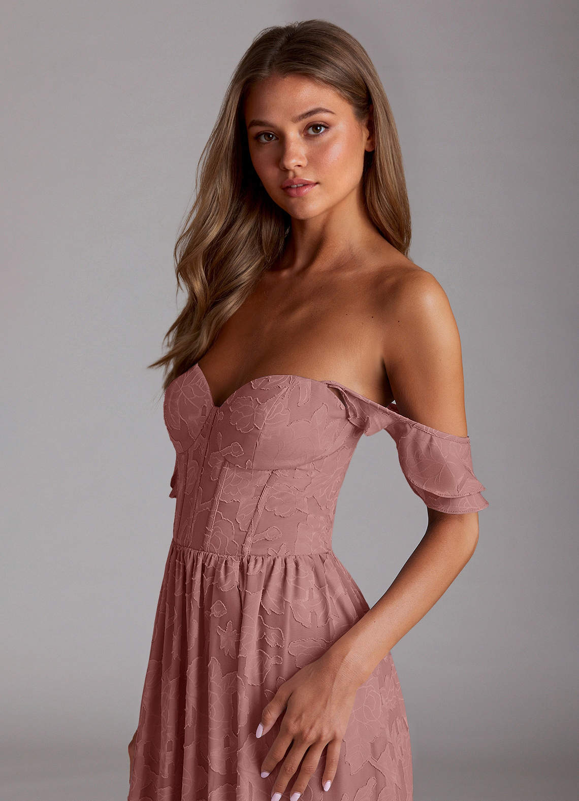 Sorina A-Line Ruffled Floral Burnout Prom Dress in Dusty Pink