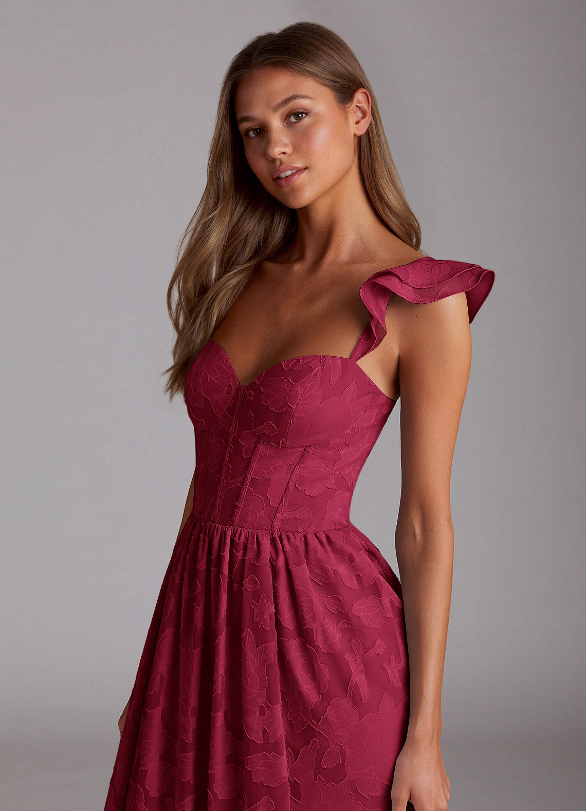 Sorina A-Line Ruffled Floral Burnout Prom Dress in Merlot
