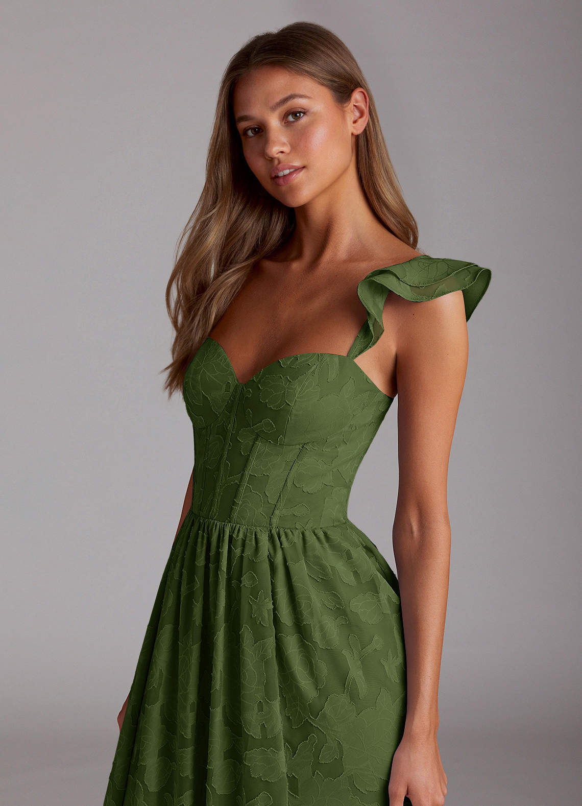 Sorina A-Line Ruffled Floral Burnout Prom Dress in Olive