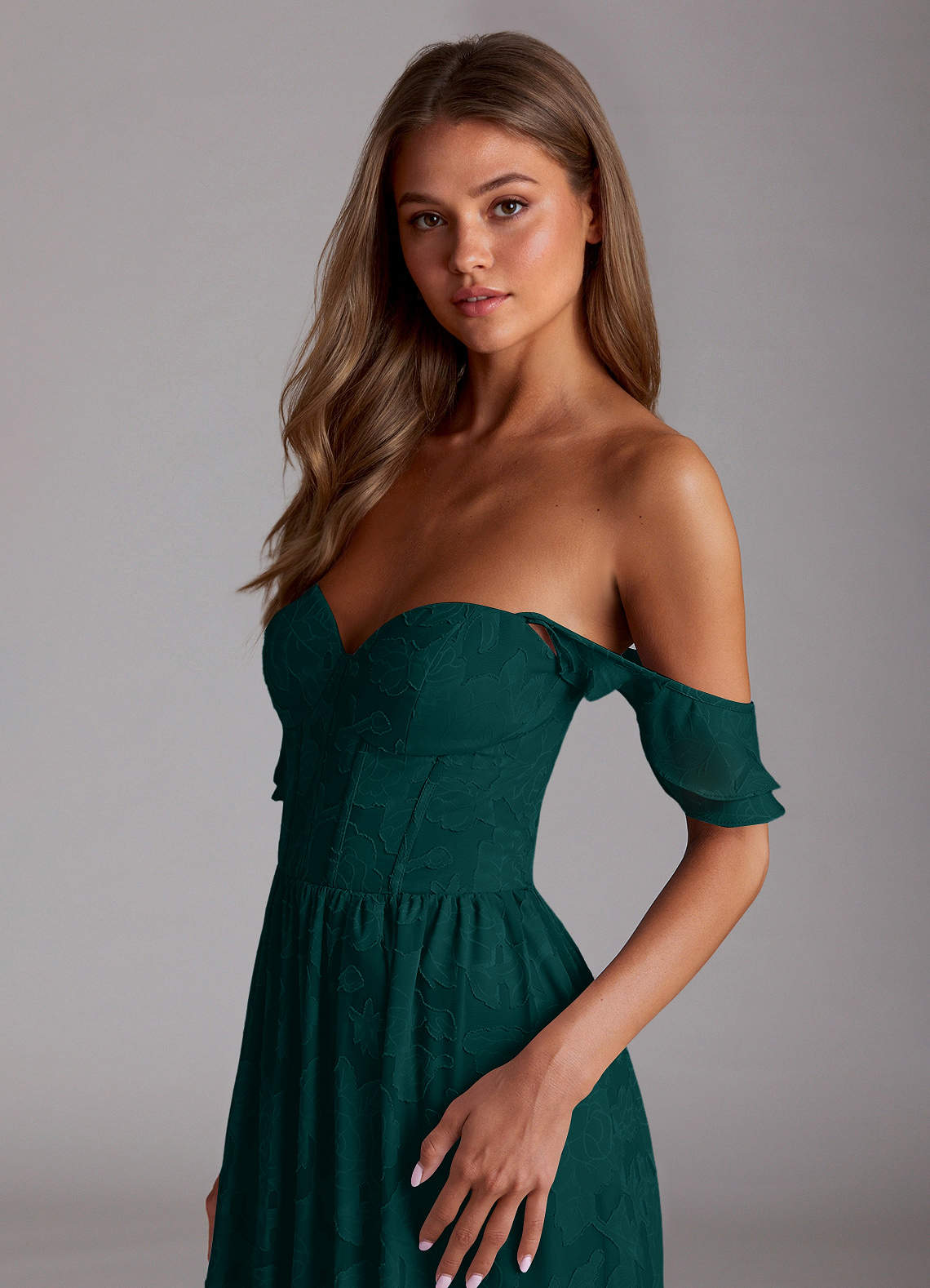 Sorina A-Line Ruffled Floral Burnout Prom Dress in Forest Green