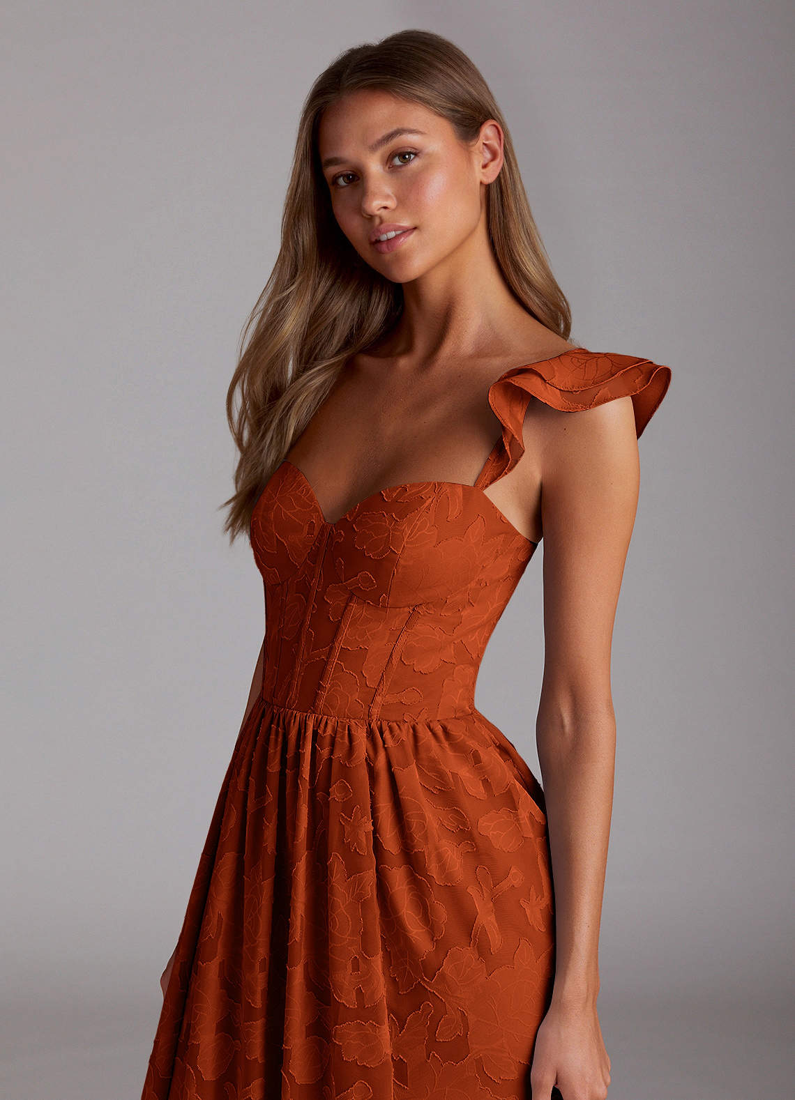 Sorina A-Line Ruffled Floral Burnout Prom Dress in Paprika