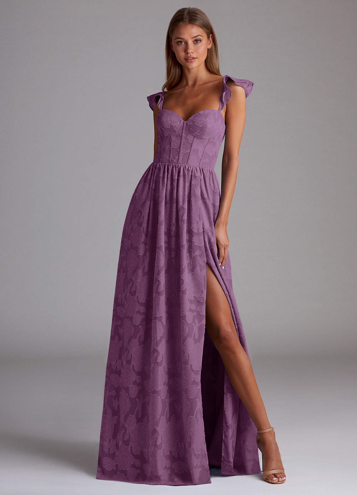 Sorina A-Line Ruffled Floral Burnout Prom Dress in Wisteria