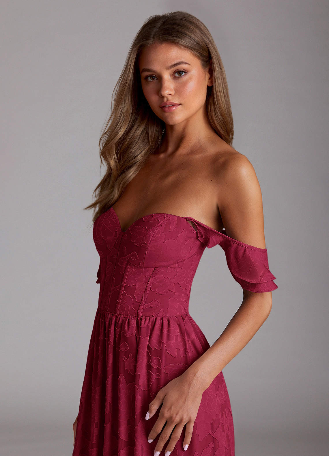 Sorina A-Line Ruffled Floral Burnout Prom Dress in Merlot