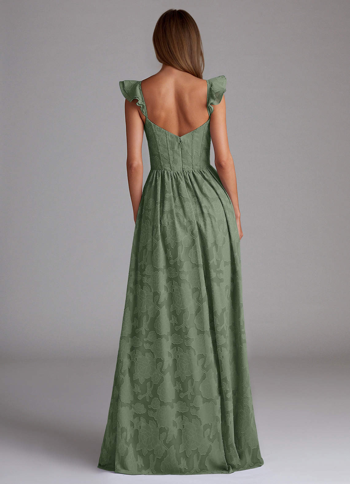 Sorina A-Line Ruffled Floral Burnout Prom Dress in Aloe Green