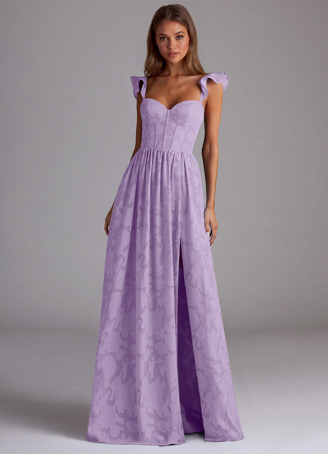 Sorina A-Line Ruffled Floral Burnout Prom Dress in Dusty Pink