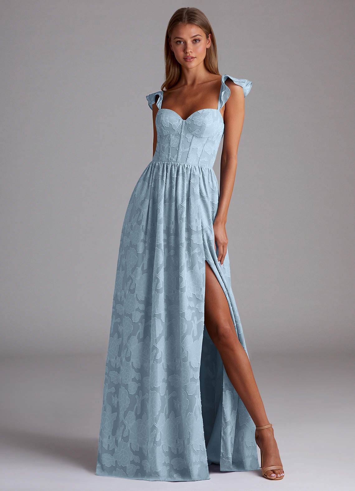 Sorina A-Line Ruffled Floral Burnout Prom Dress in Sky Blue