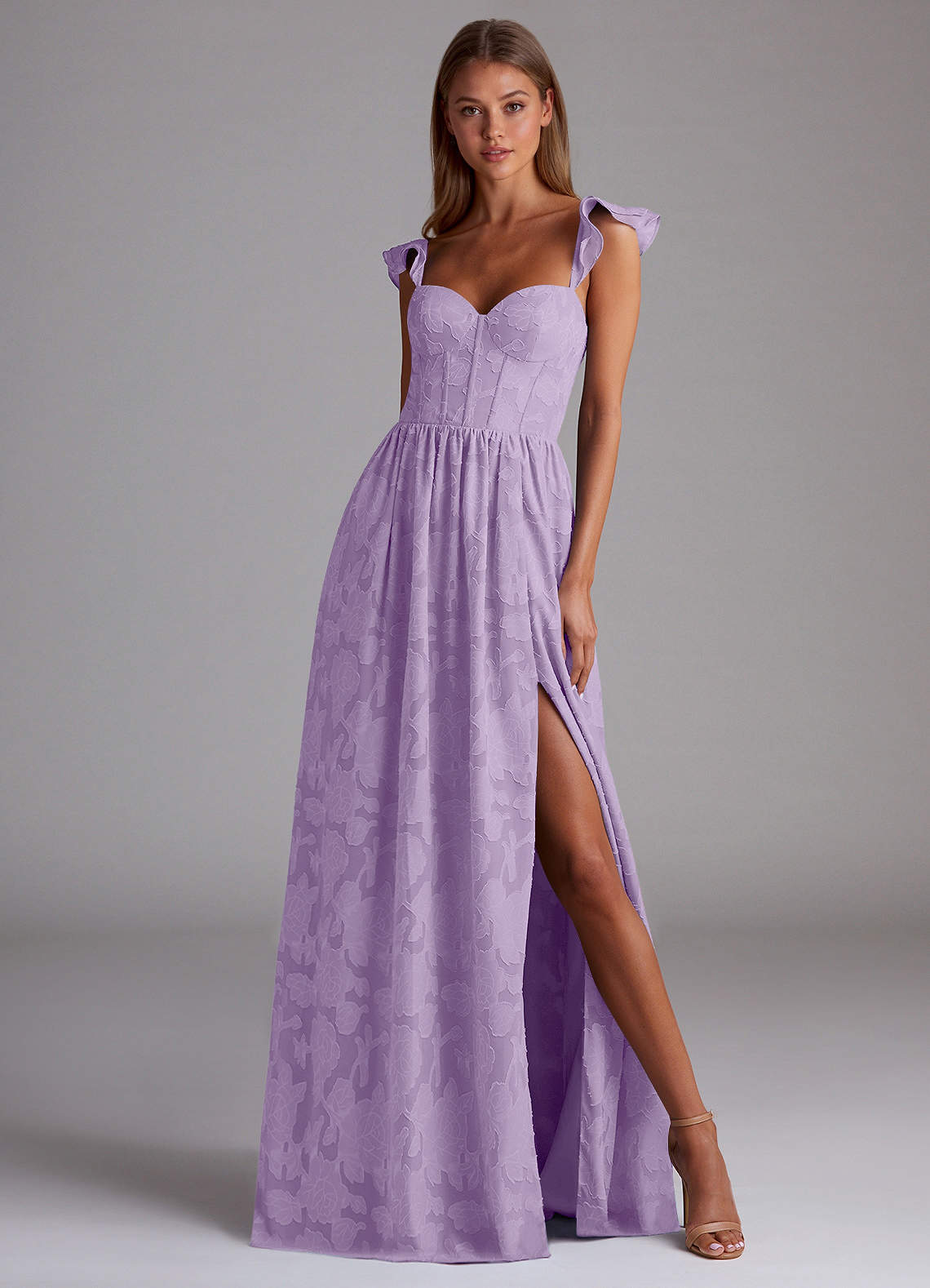 Sorina A-Line Ruffled Floral Burnout Prom Dress in Lilac