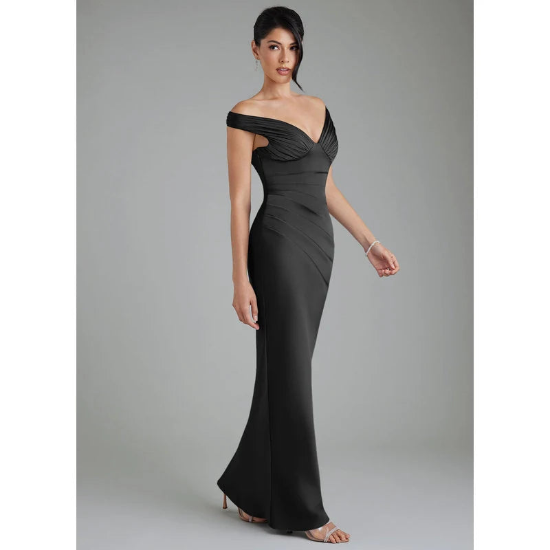 Stella Sheath V-Neck Stretch Satin Bridesmaid Dress in black - additional view 1