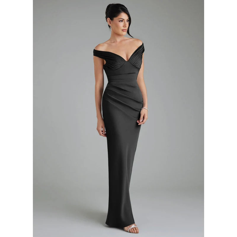 Stella Sheath V-Neck Stretch Satin Bridesmaid Dress in black - additional view 2
