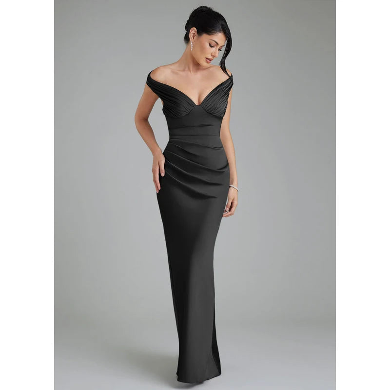 Stella Sheath V-Neck Stretch Satin Bridesmaid Dress in black - additional view 3