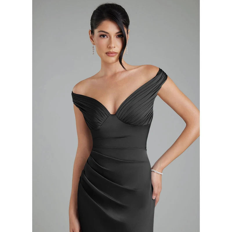 Stella Sheath V-Neck Stretch Satin Bridesmaid Dress in black - additional view 4
