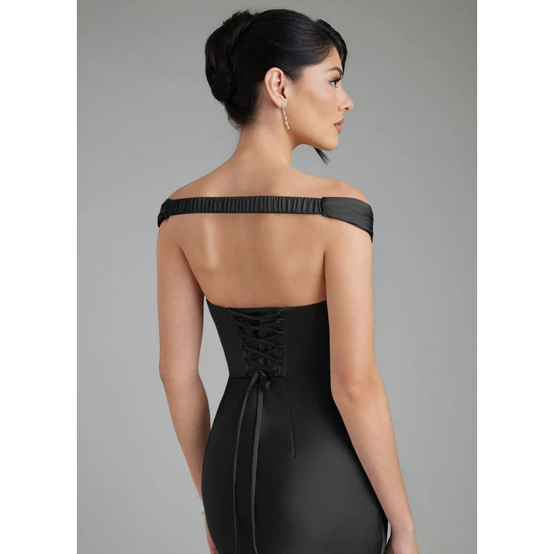 Stella Sheath V-Neck Stretch Satin Bridesmaid Dress in black - additional view 6