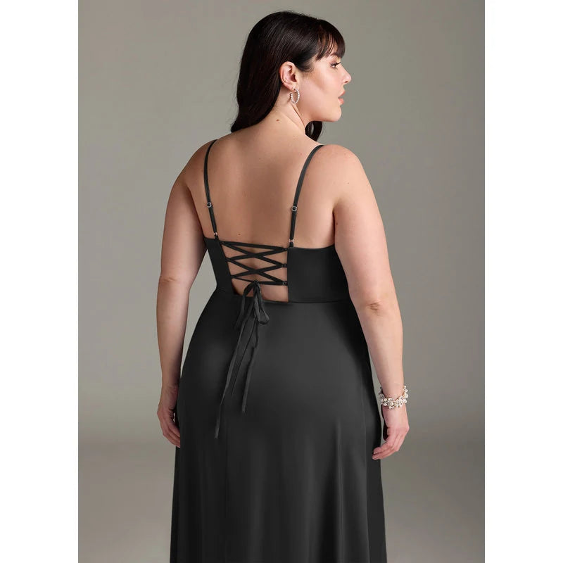 Marchella A-Line V-Neck Stretch Satin Bridesmaid Dress in black - additional view 15