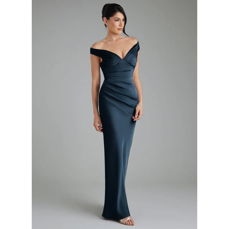 Stella Sheath V-Neck Stretch Satin Bridesmaid Dress in Dark Navy - additional view 20