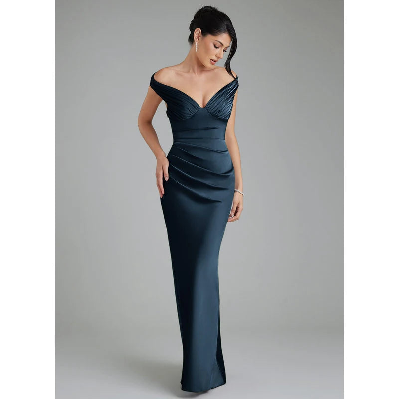 Stella Sheath V-Neck Stretch Satin Bridesmaid Dress in Dark Navy - additional view 21