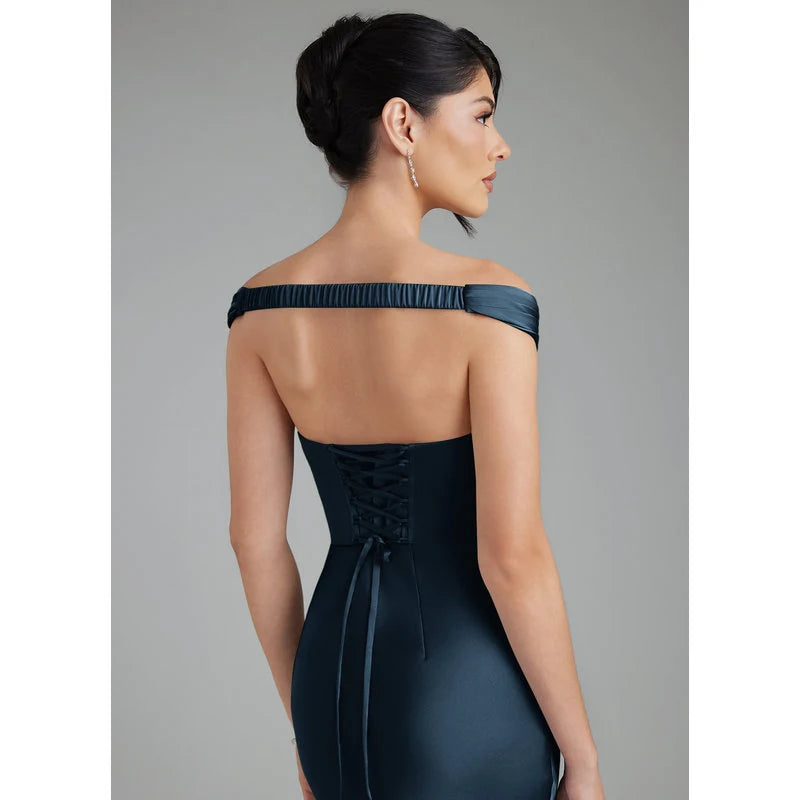 Stella Sheath V-Neck Stretch Satin Bridesmaid Dress in Dark Navy - additional view 24