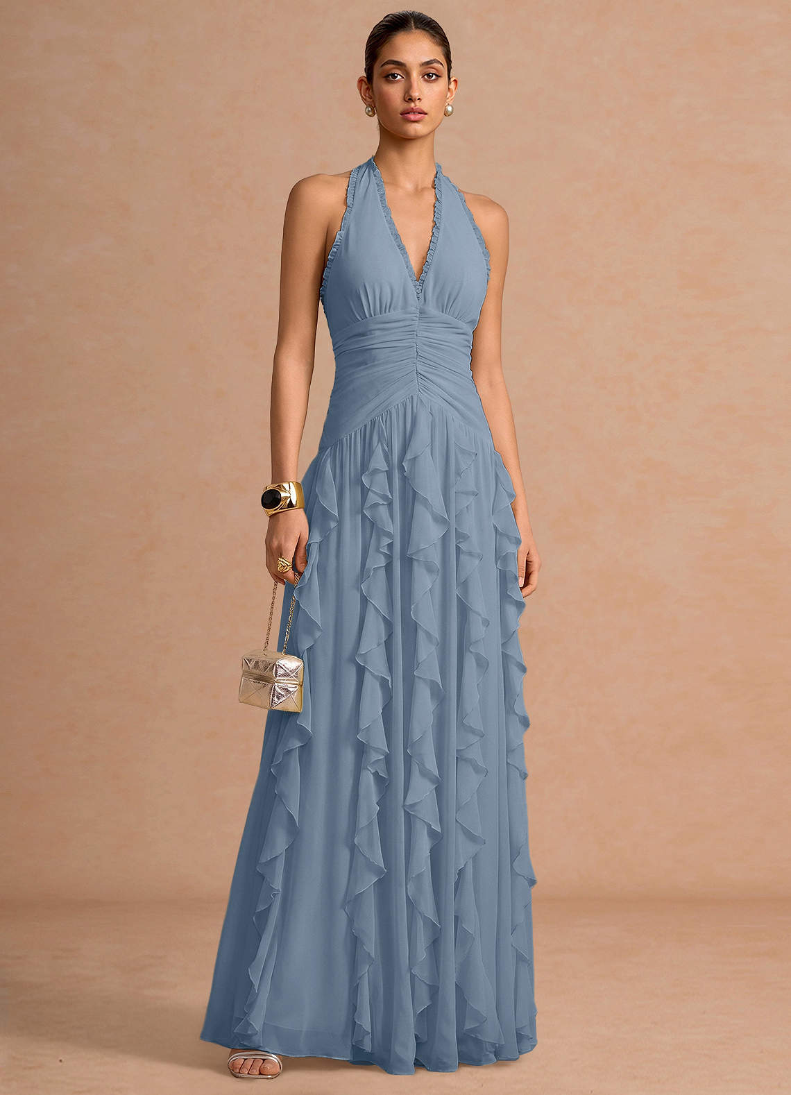Sylvie A-Line V-Neck Chiffon Evening Dress in Powder Blue