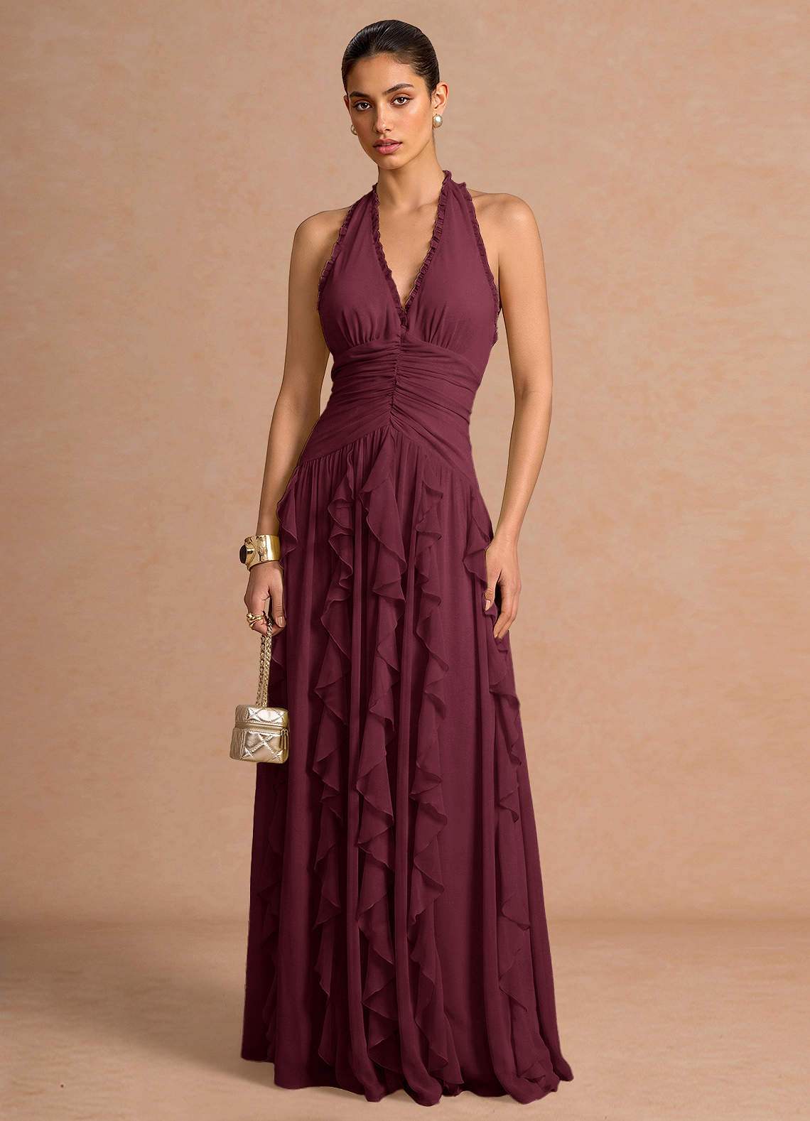 Sylvie A-Line V-Neck Chiffon Evening Dress in Wine