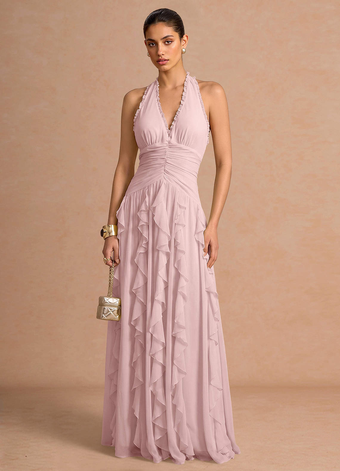 Sylvie A-Line V-Neck Chiffon Evening Dress in Powder Pink