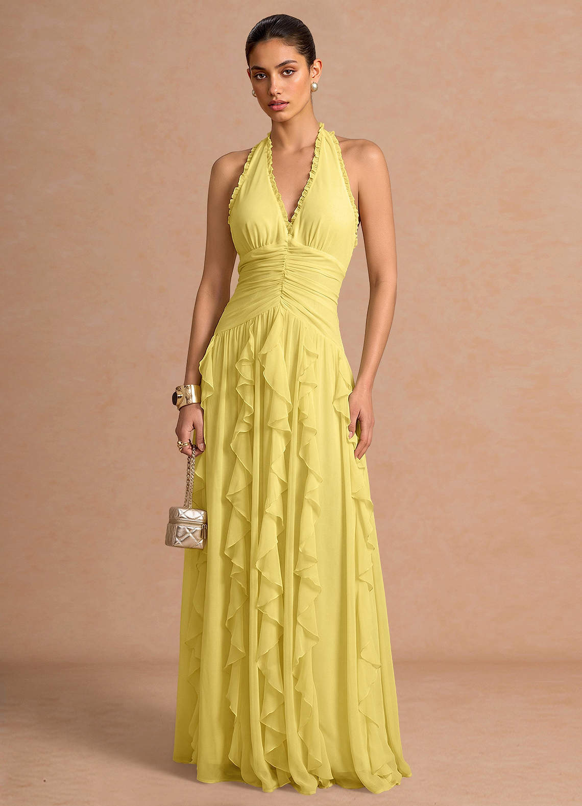 Sylvie A-Line V-Neck Chiffon Evening Dress in Pastel Yellow