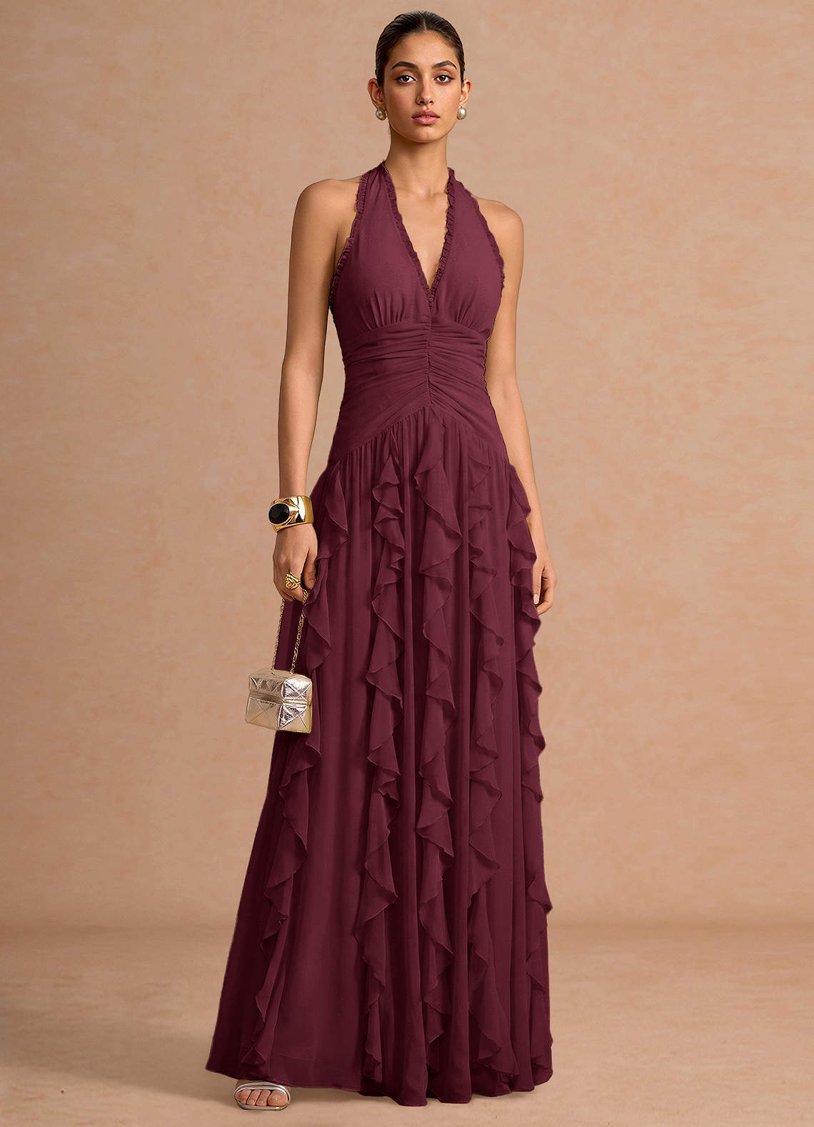 Sylvie A-Line V-Neck Chiffon Evening Dress in Wine