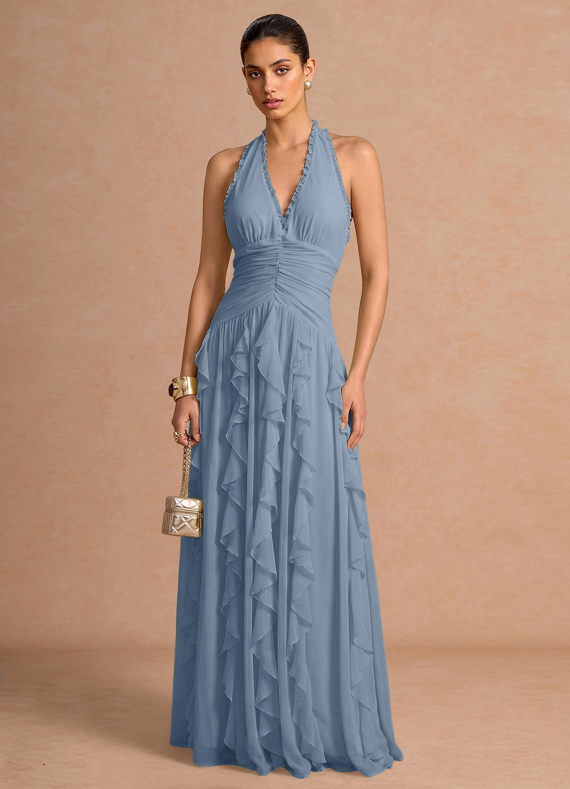 Sylvie A-Line V-Neck Chiffon Evening Dress in Powder Blue