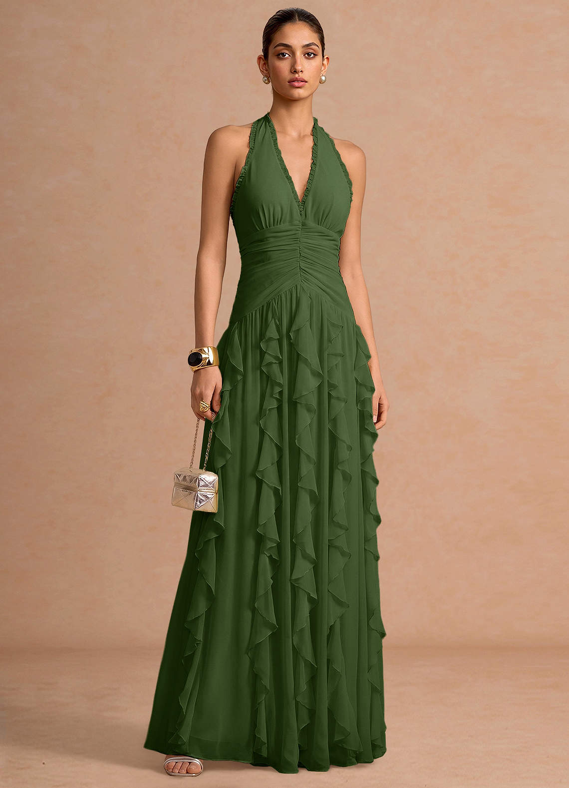 Sylvie A-Line V-Neck Chiffon Evening Dress in Olive