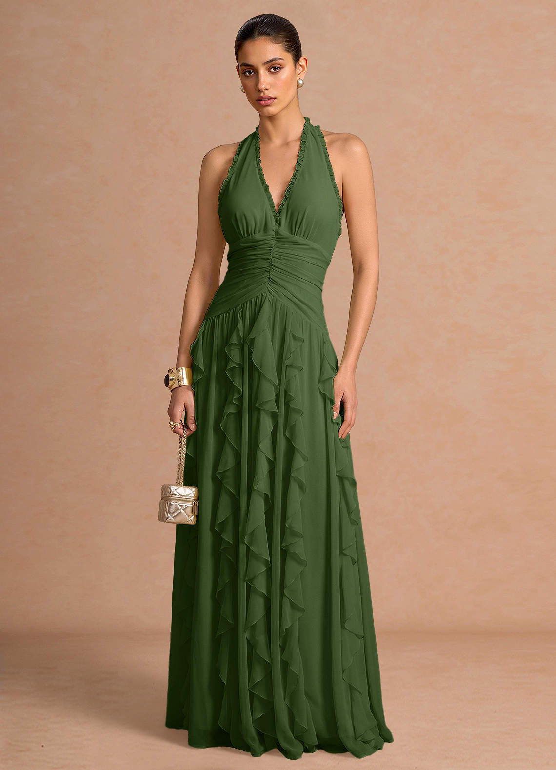 Sylvie A-Line V-Neck Chiffon Evening Dress in Olive