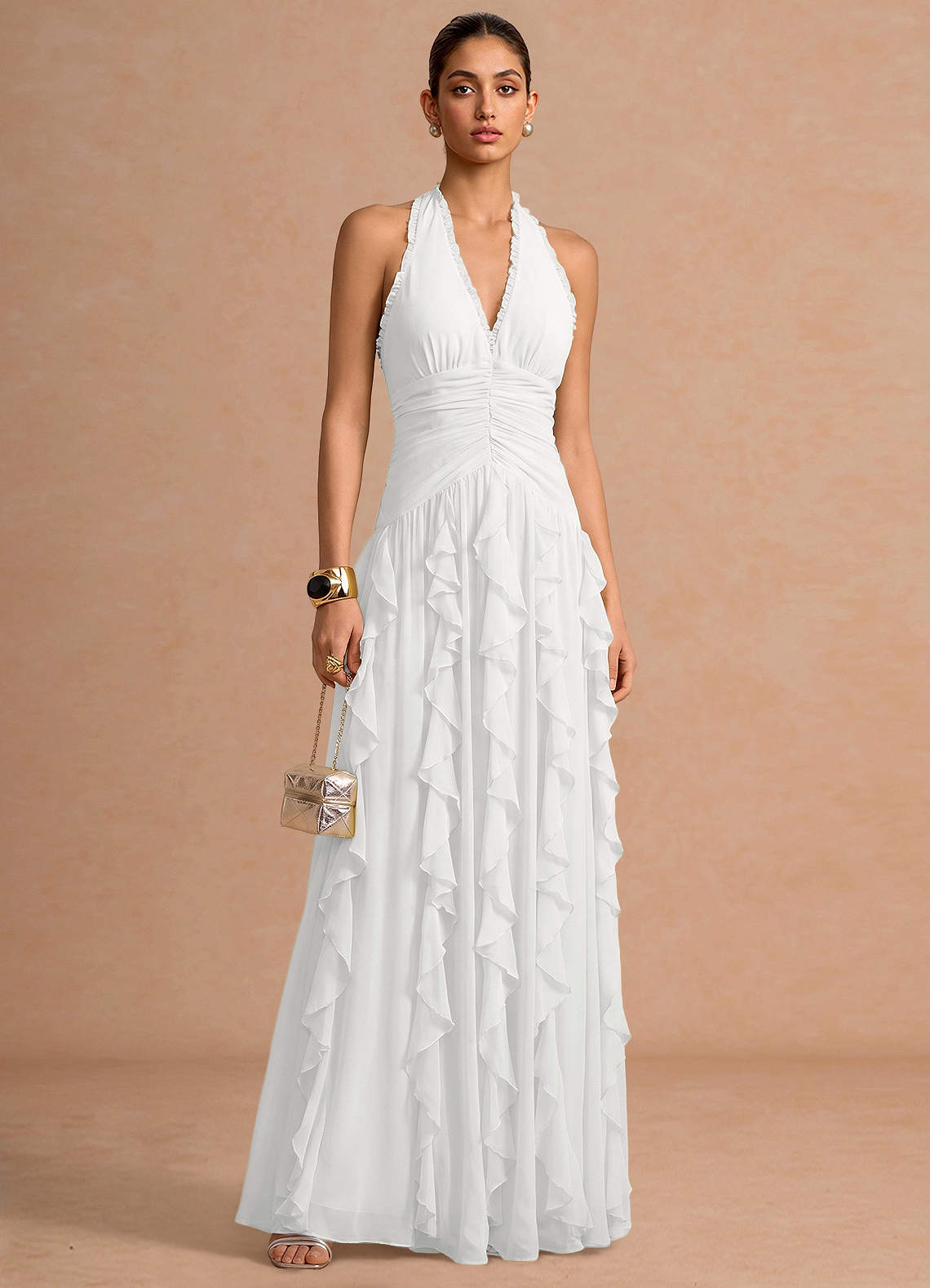 Sylvie A-Line V-Neck Chiffon Evening Dress in White