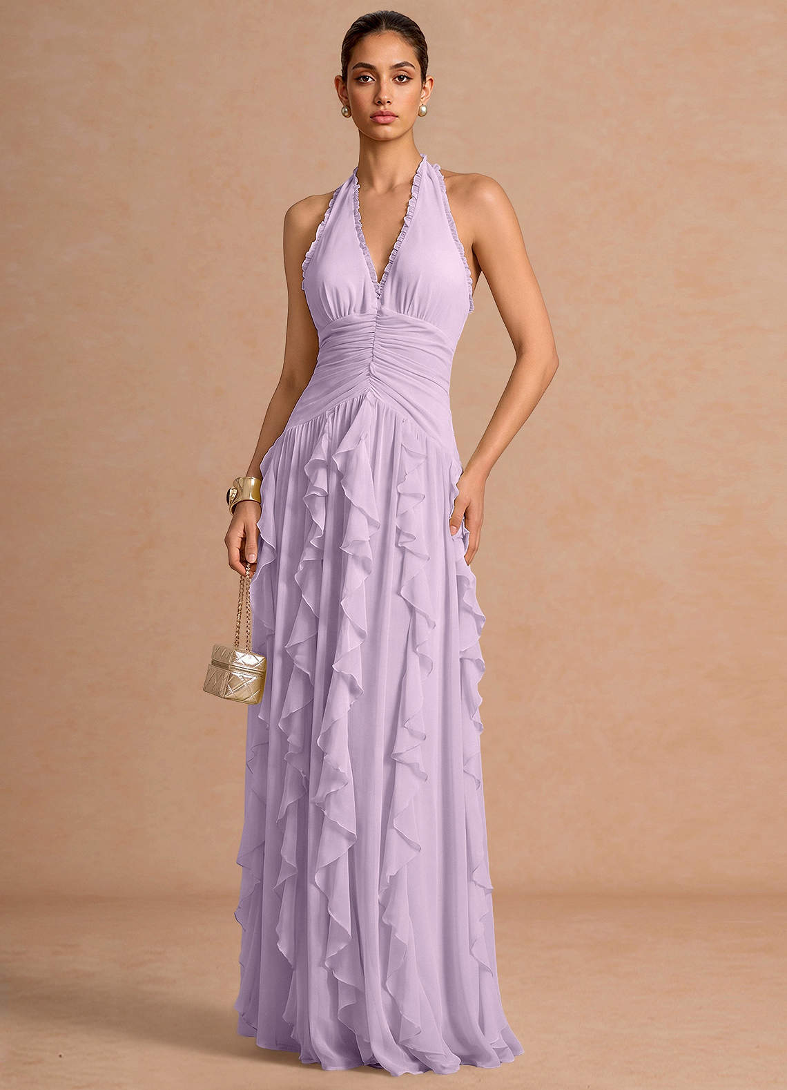 Sylvie A-Line V-Neck Chiffon Evening Dress in Frosted Lilac