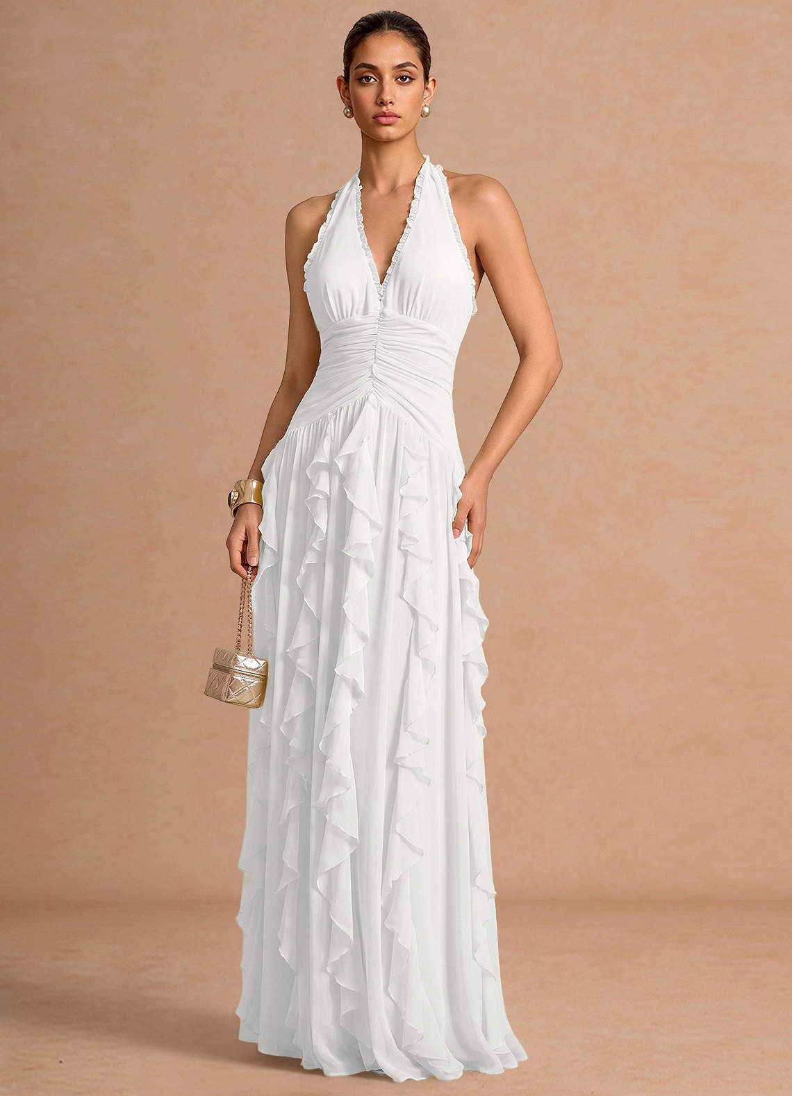 Sylvie A-Line V-Neck Chiffon Evening Dress in White
