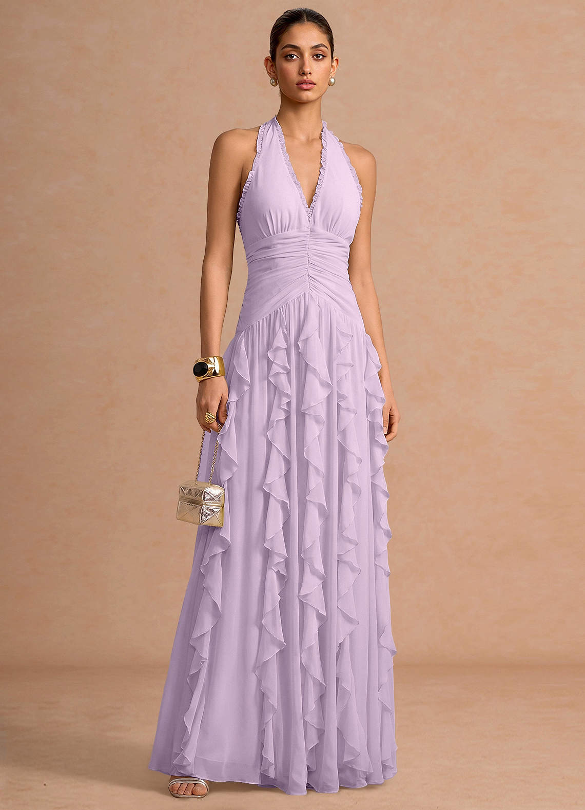 Sylvie A-Line V-Neck Chiffon Evening Dress in Frosted Lilac