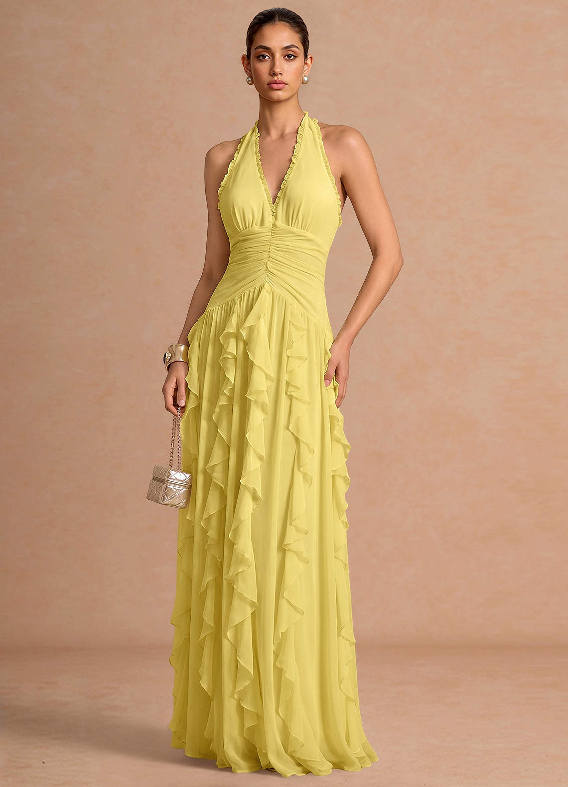 Sylvie A-Line V-Neck Chiffon Evening Dress in Pastel Yellow