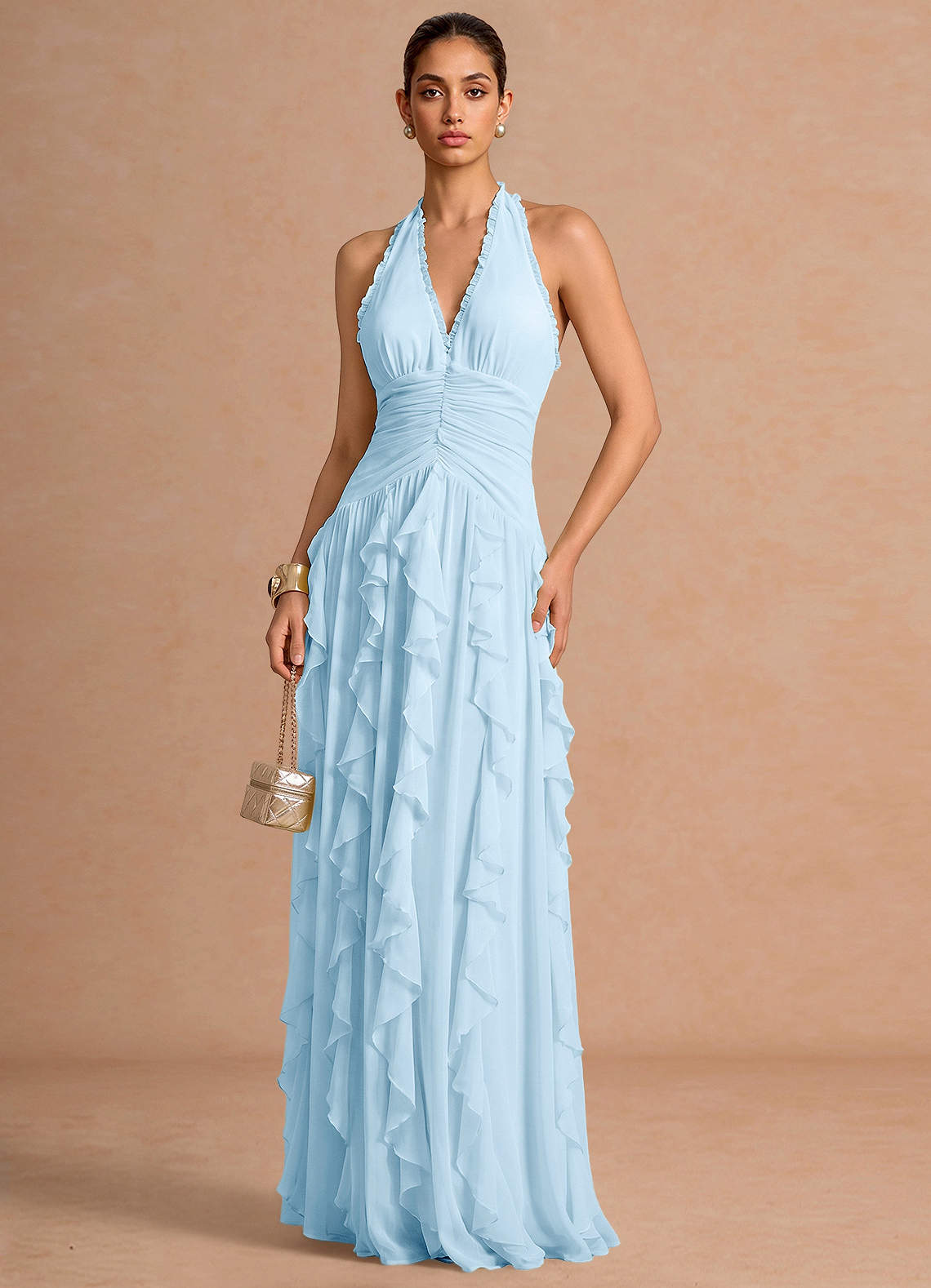 Sylvie A-Line V-Neck Chiffon Evening Dress in Sky Blue