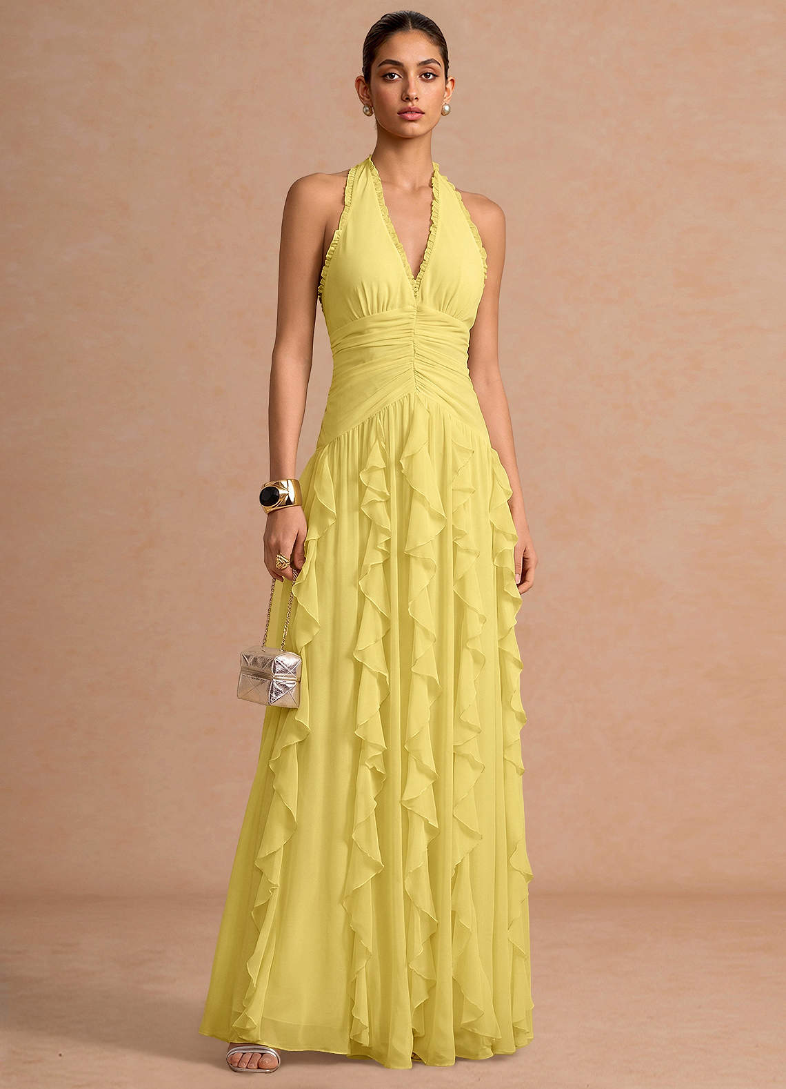 Sylvie A-Line V-Neck Chiffon Evening Dress in Pastel Yellow