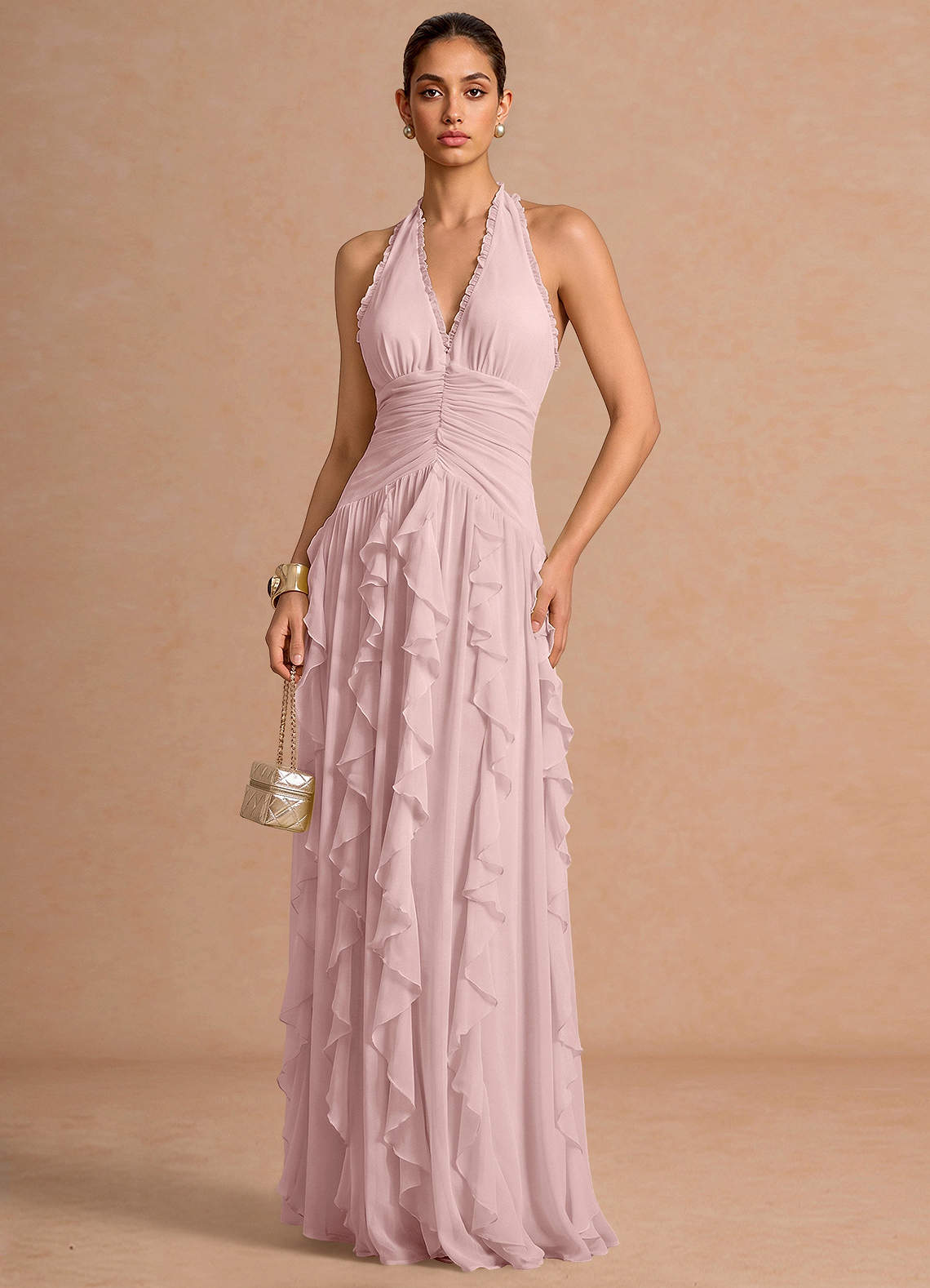 Sylvie A-Line V-Neck Chiffon Evening Dress in Powder Pink