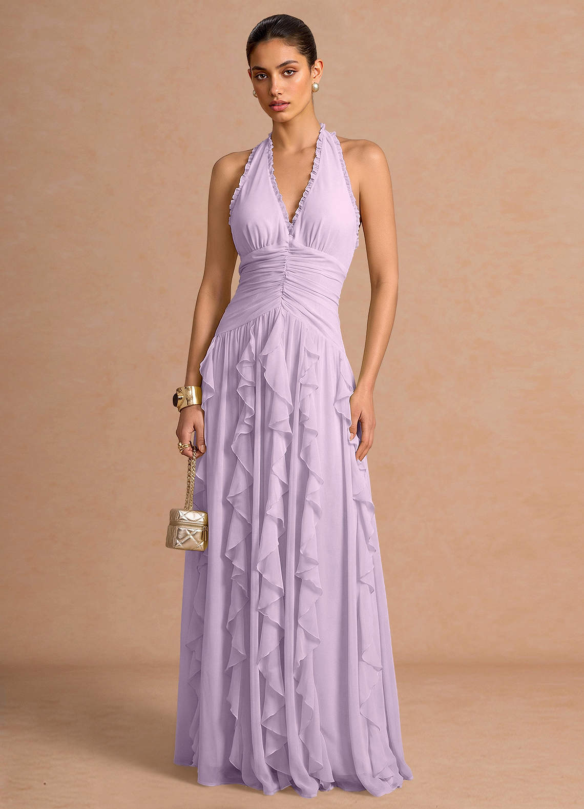 Sylvie A-Line V-Neck Chiffon Evening Dress in Frosted Lilac