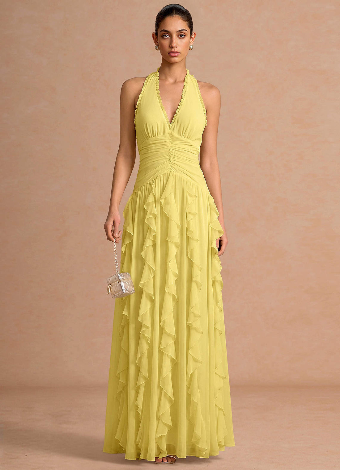 Sylvie A-Line V-Neck Chiffon Evening Dress in Pastel Yellow