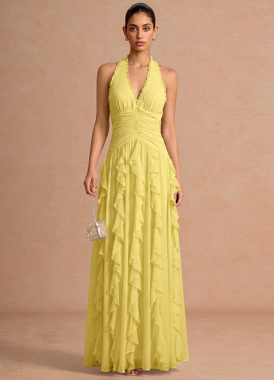 Sylvie A-Line V-Neck Chiffon Evening Dress in Pastel Yellow