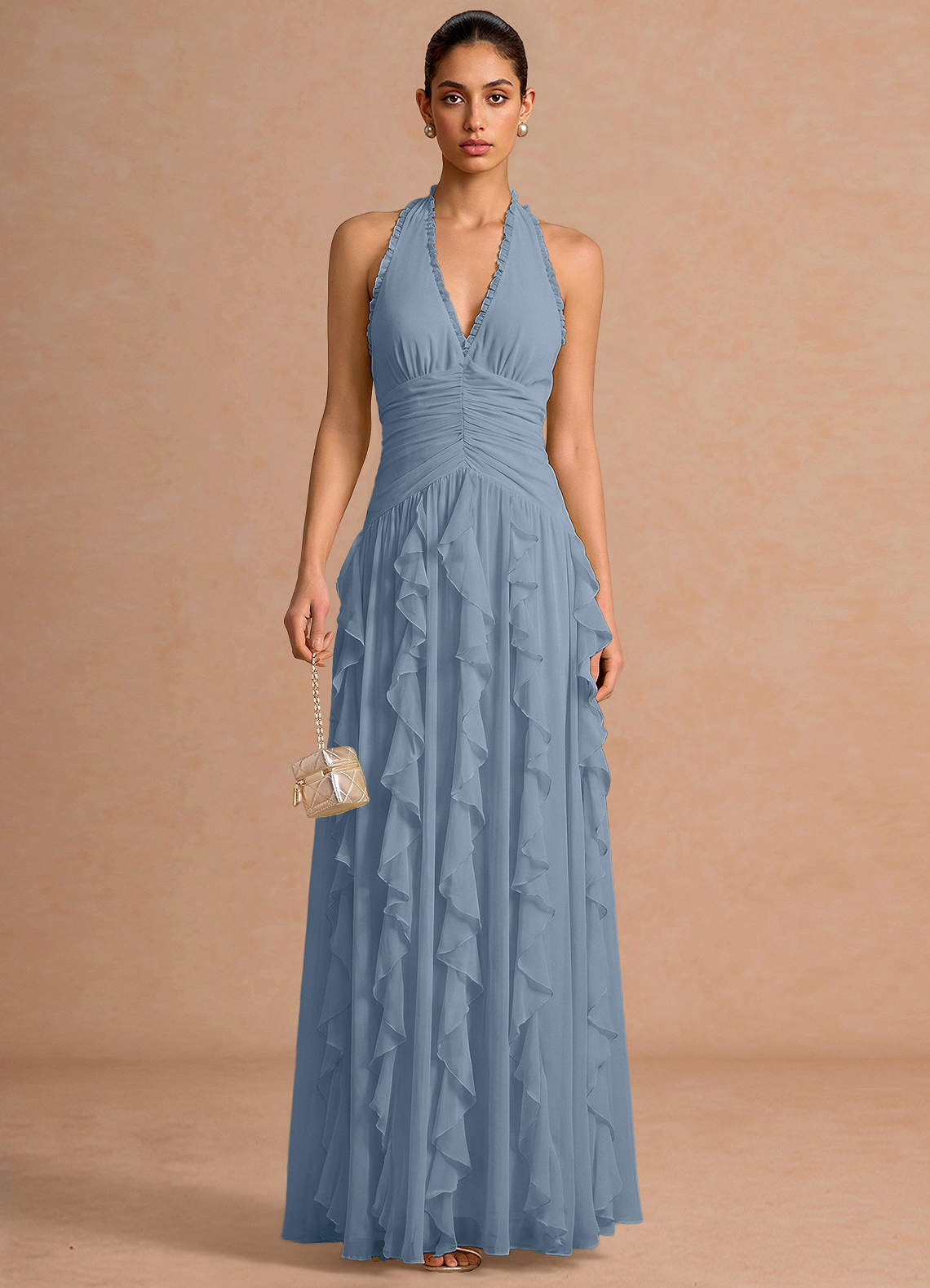 Sylvie A-Line V-Neck Chiffon Evening Dress in Powder Blue