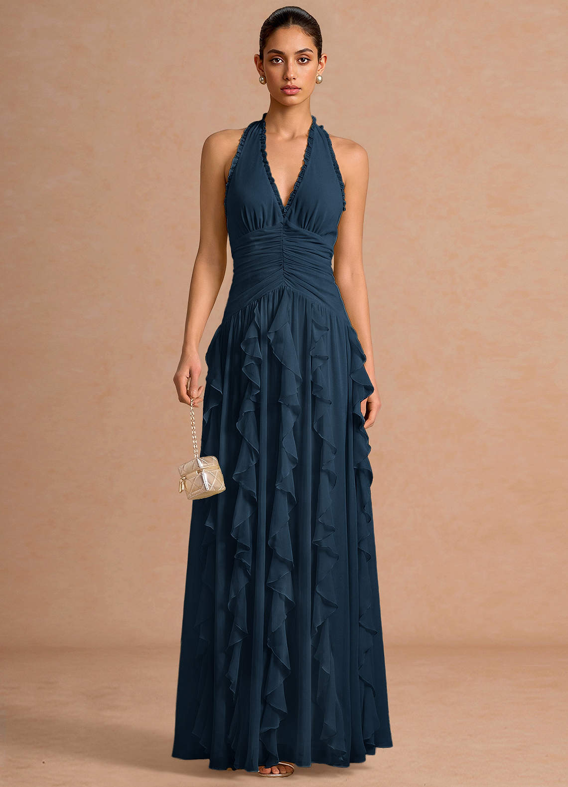 Sylvie A-Line V-Neck Chiffon Evening Dress in Navy