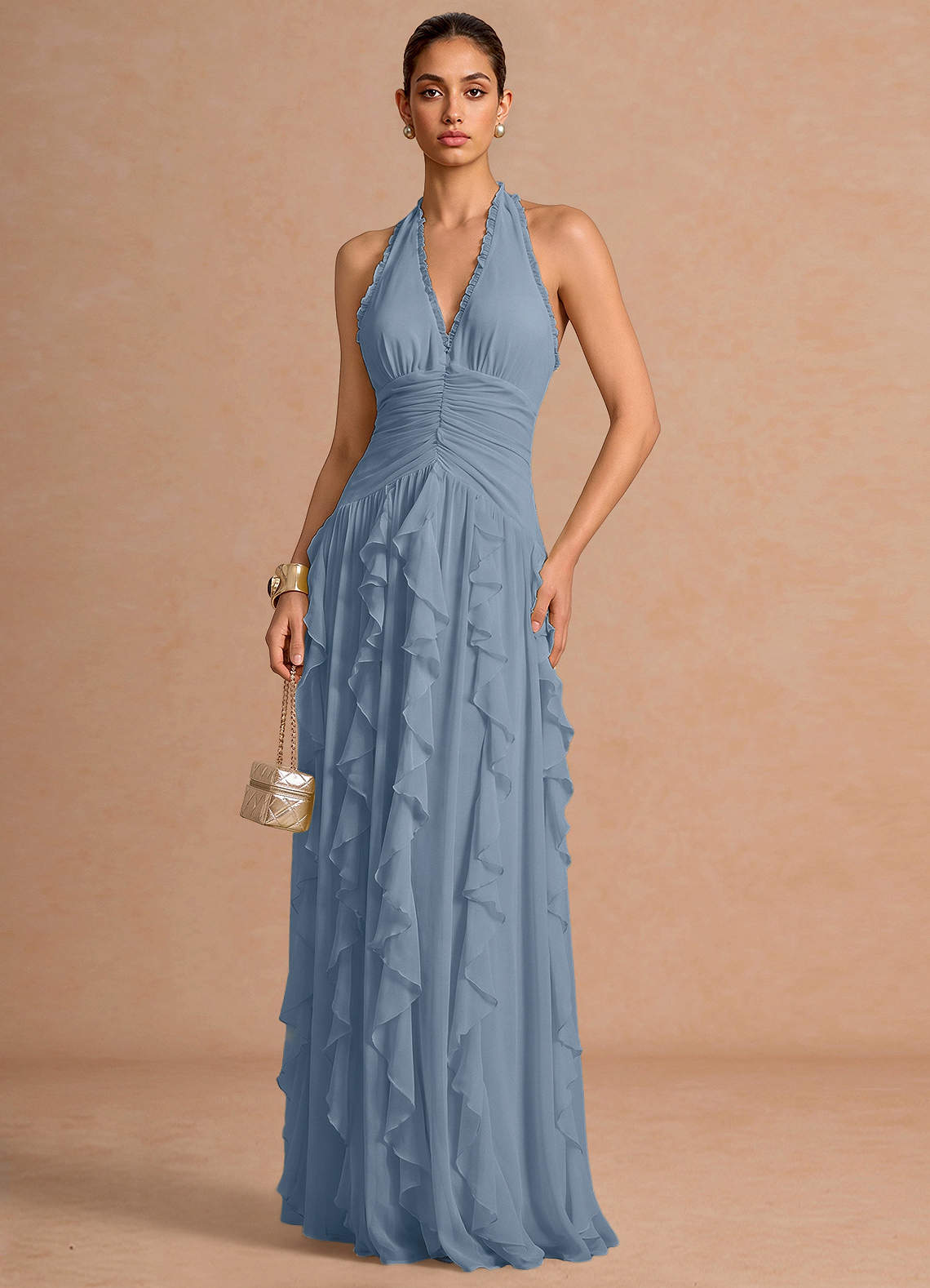 Sylvie A-Line V-Neck Chiffon Evening Dress in Pastel Yellow