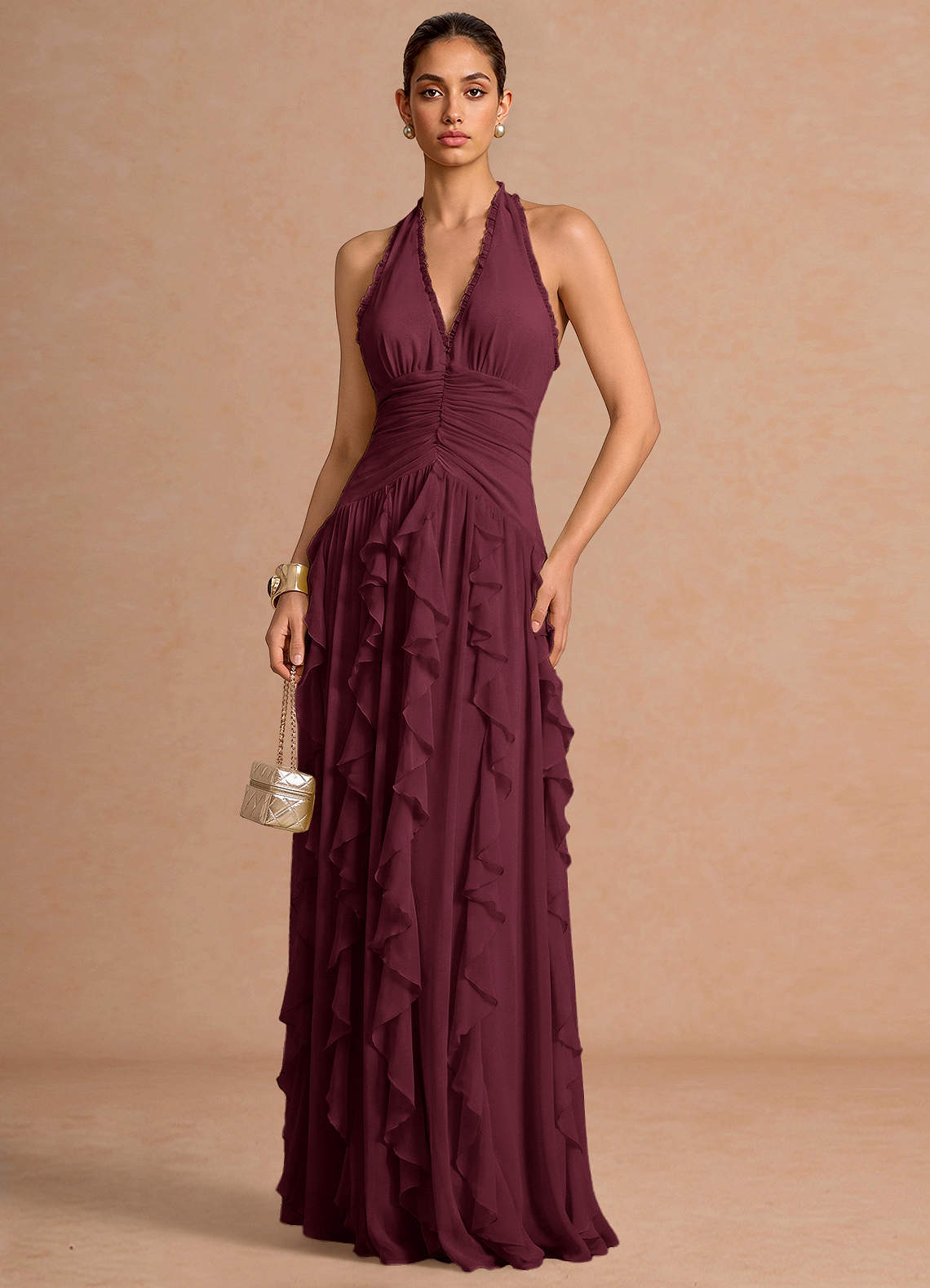 Sylvie A-Line V-Neck Chiffon Evening Dress in Wine