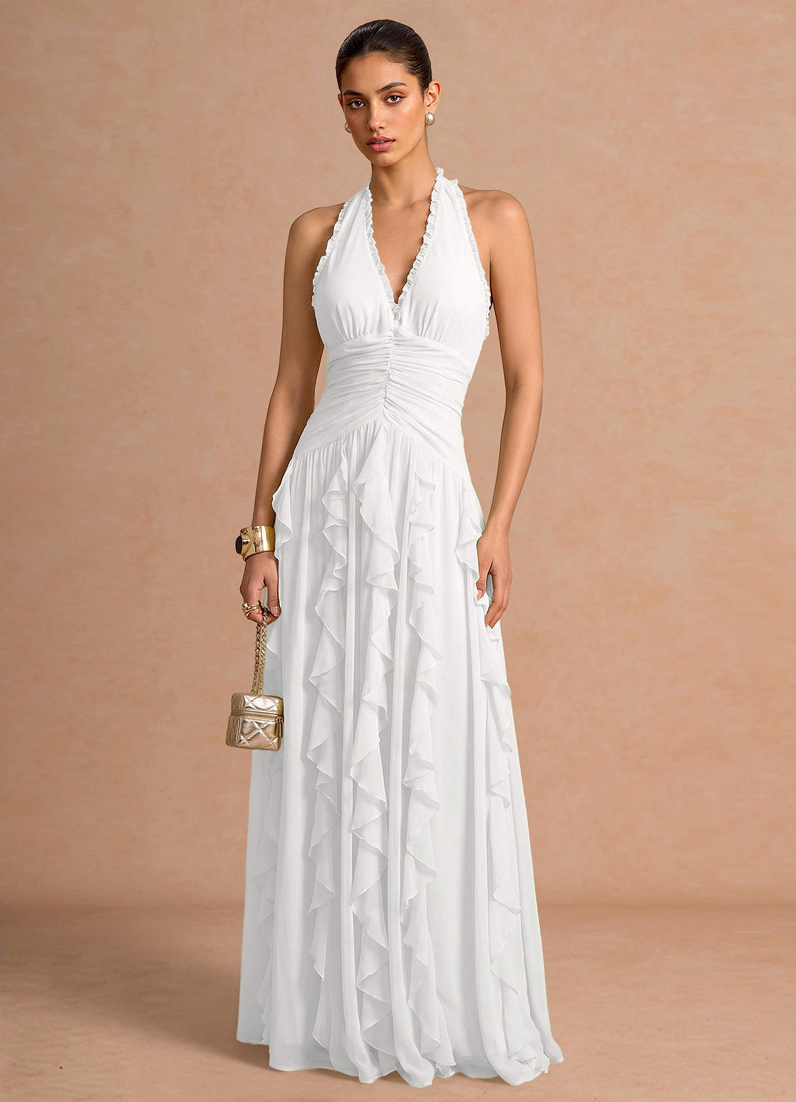 Sylvie A-Line V-Neck Chiffon Evening Dress in White
