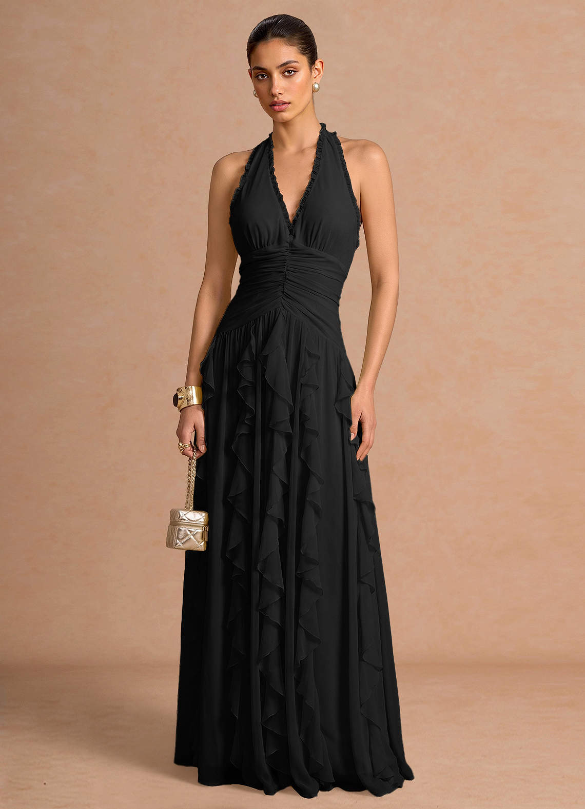 Sylvie A-Line V-Neck Chiffon Evening Dress in black