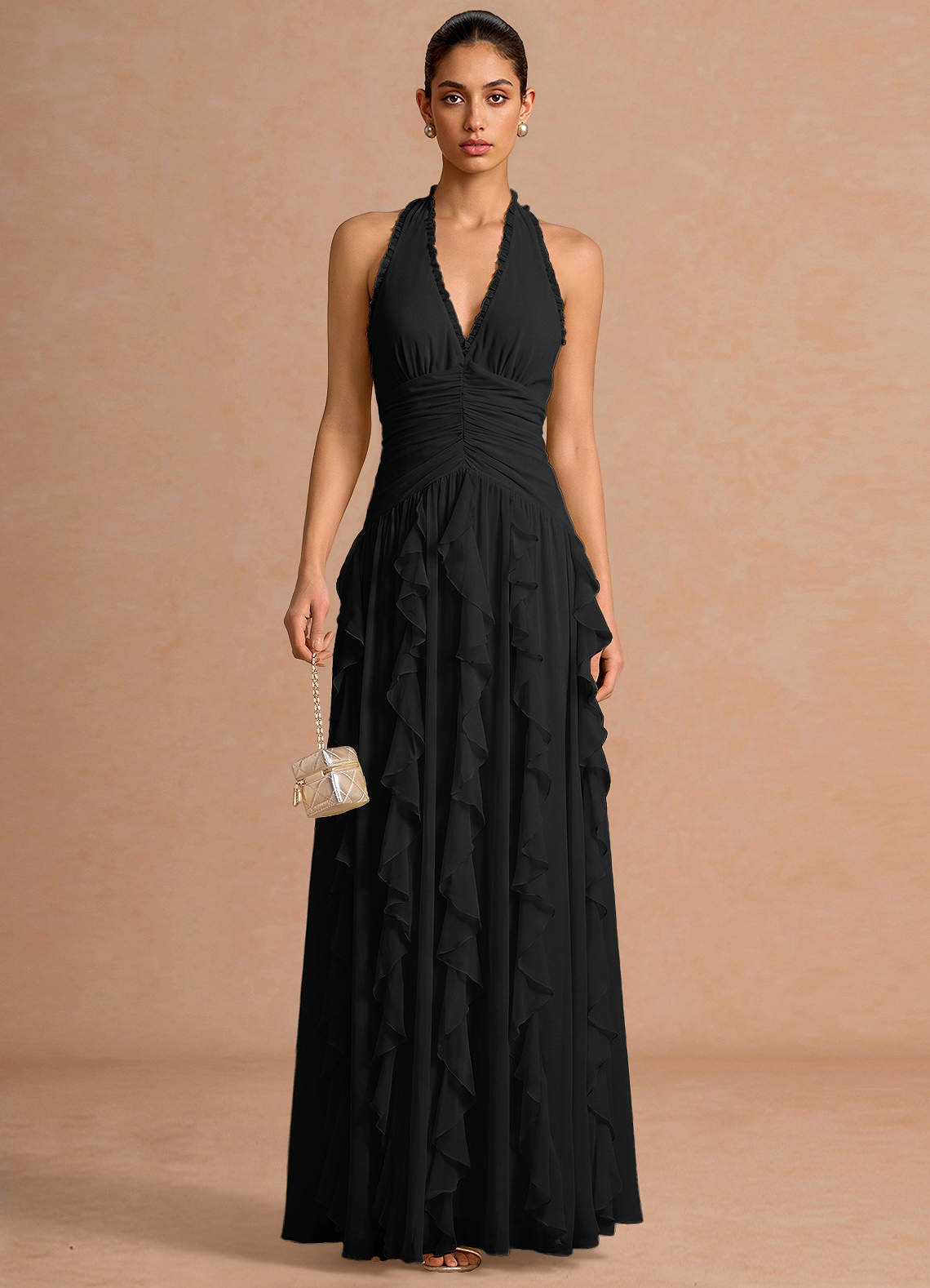 Sylvie A-Line V-Neck Chiffon Evening Dress in black