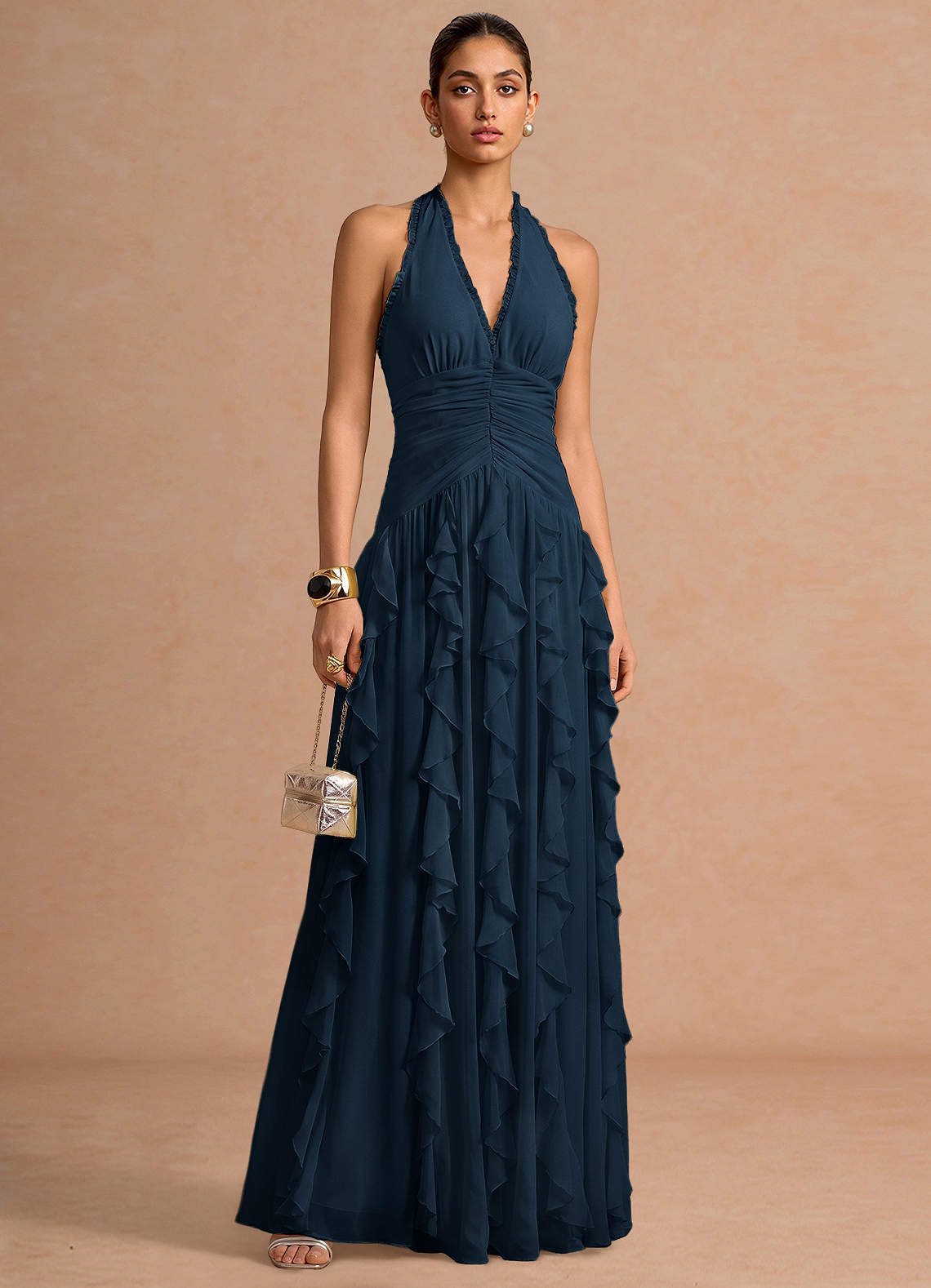 Sylvie A-Line V-Neck Chiffon Evening Dress in Navy