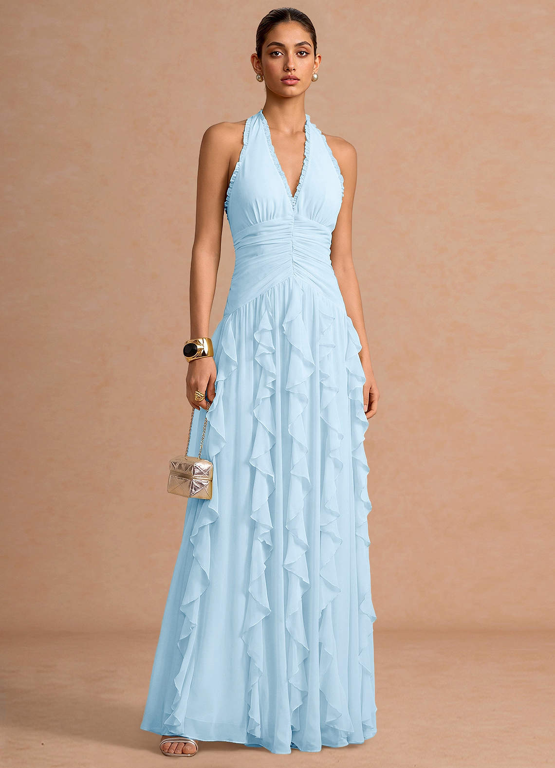 Sylvie A-Line V-Neck Chiffon Evening Dress in Sky Blue