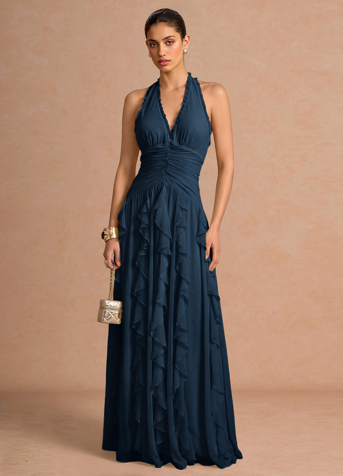Sylvie A-Line V-Neck Chiffon Evening Dress in Navy