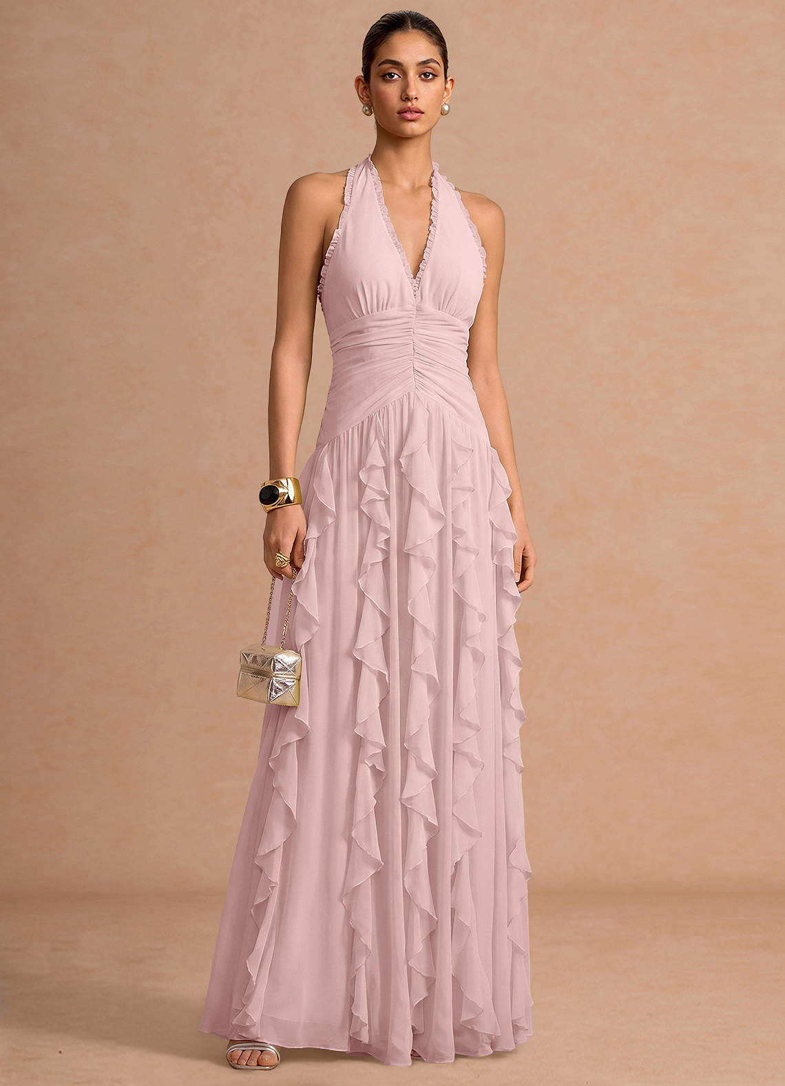Sylvie A-Line V-Neck Chiffon Evening Dress in Powder Pink